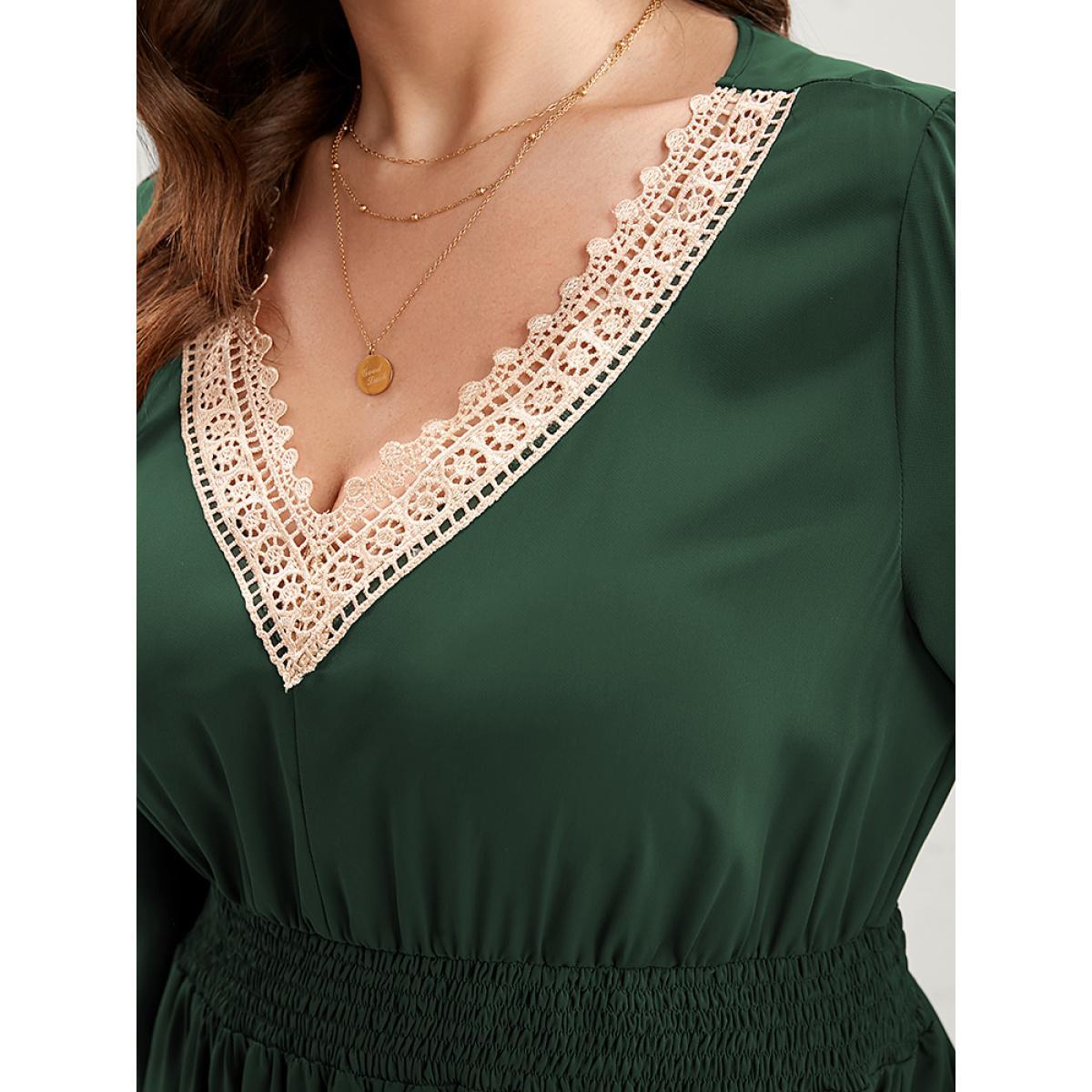 Plus Size Solid Lantern Sleeve Shirred Pocket Lace Trim Ruffle Hem Dress Green Women Elegant Patchwork V-neck Long Sleeve Curvy Midi Dress BloomChic 14-16/1X Product Image