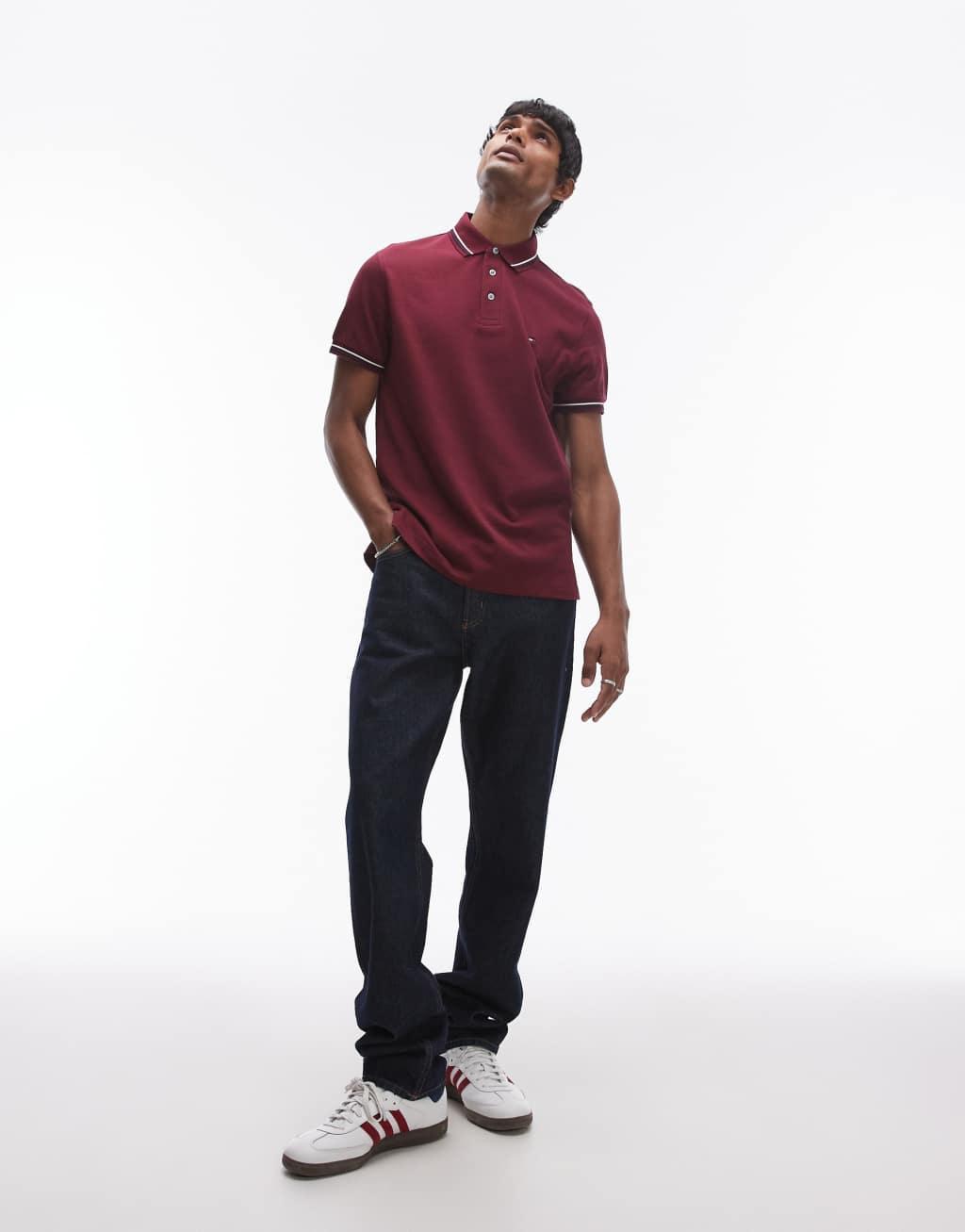 Tommy Hilfiger tipped slim fit polo shirt in burgundy Product Image