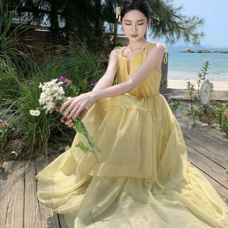 Sleeveless Chiffon Plain Maxi A-Line Dress Product Image