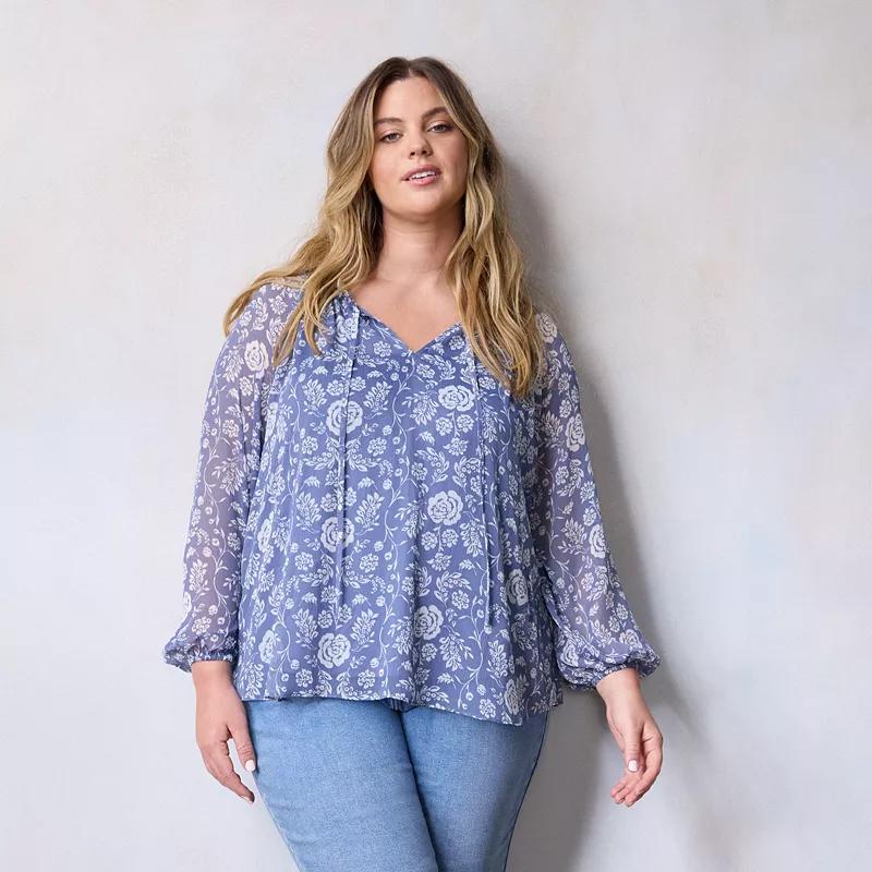 Plus Size LC Lauren Conrad Tie Front Peasant Top, Women's, Size: 2XL, Black Clara Dot Product Image