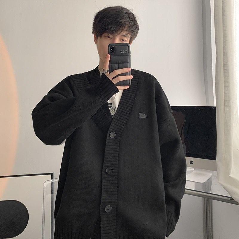 V-Neck Plain Button Cardigan Product Image
