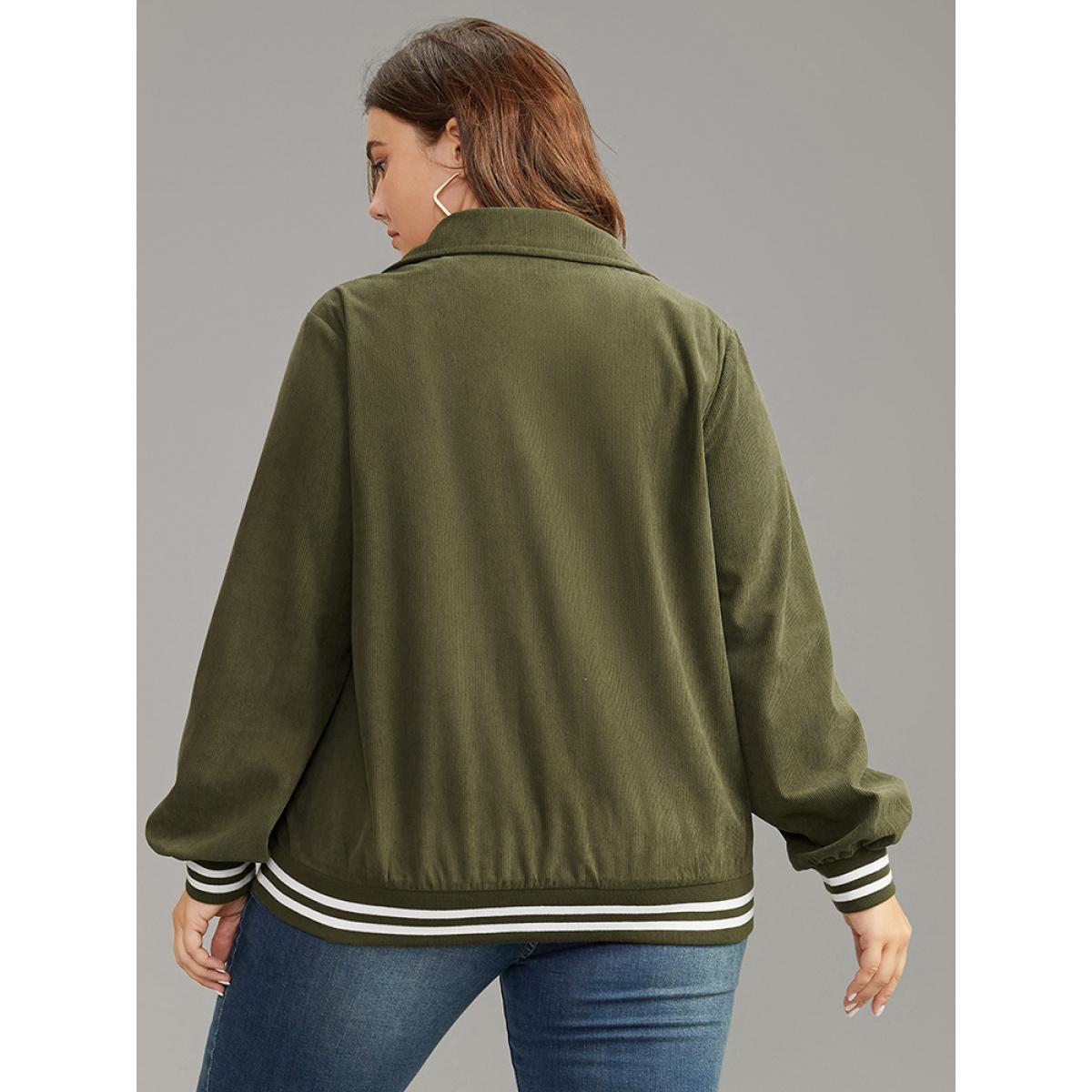 Plus Size Corduroy Striped Trim Button Up Jacket Women ArmyGreen Elastic cuffs Pocket Dailywear Jackets BloomChic 28/5X Product Image