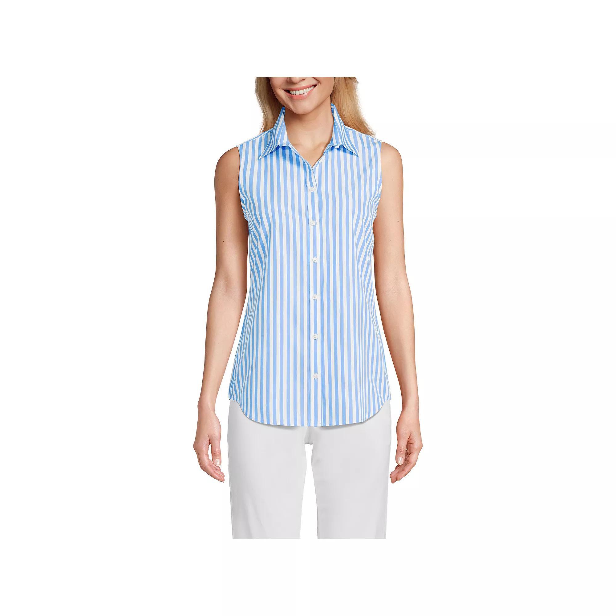 Women's Lands' End Wrinkle Free No Iron Sleeveless Shirt, Size: Large, White Pink Stripe Product Image
