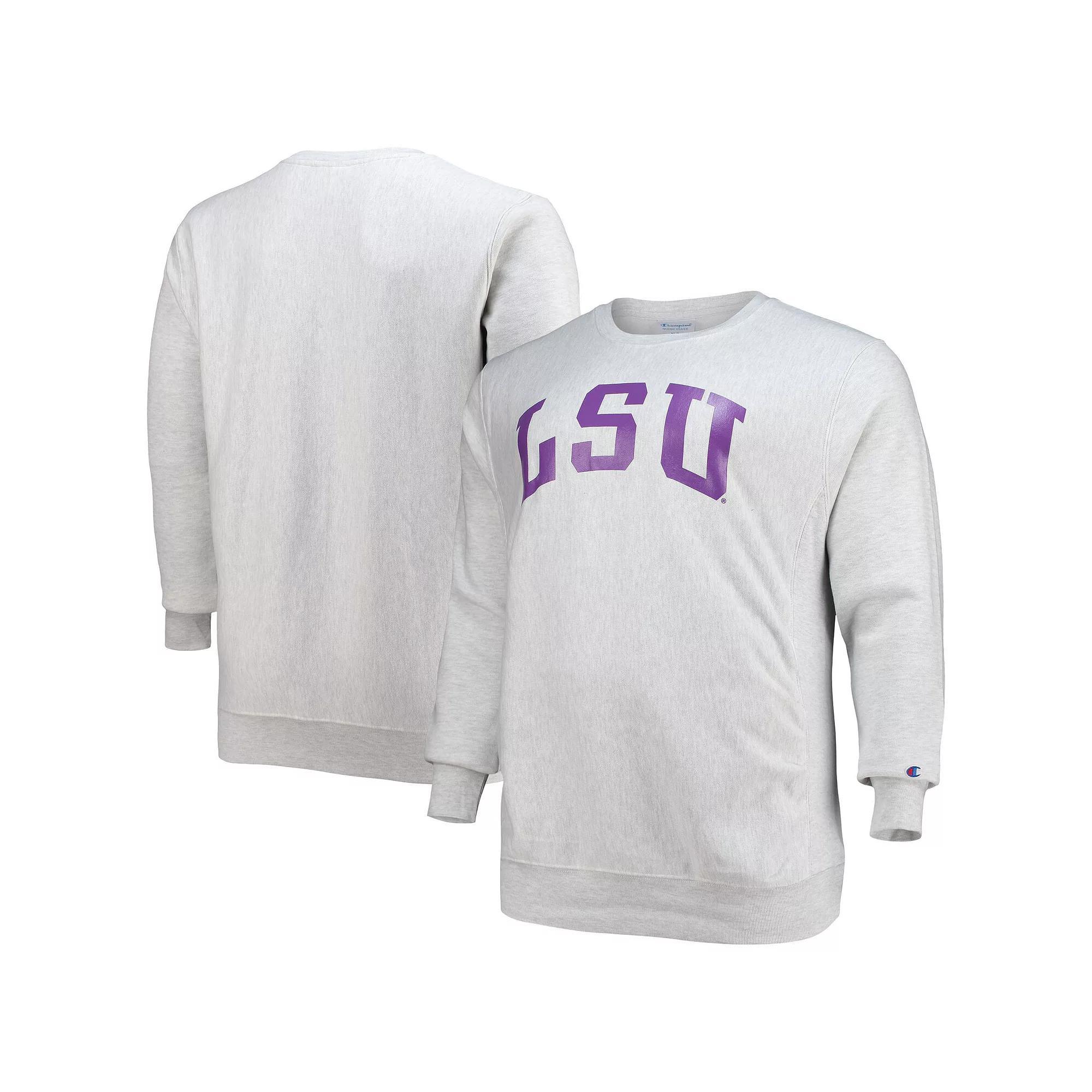 Men's Champion Heathered Gray LSU Tigers Big & Tall Reverse Weave Fleece Crewneck Pullover Sweatshirt, Size: 2XLT, Grey Product Image