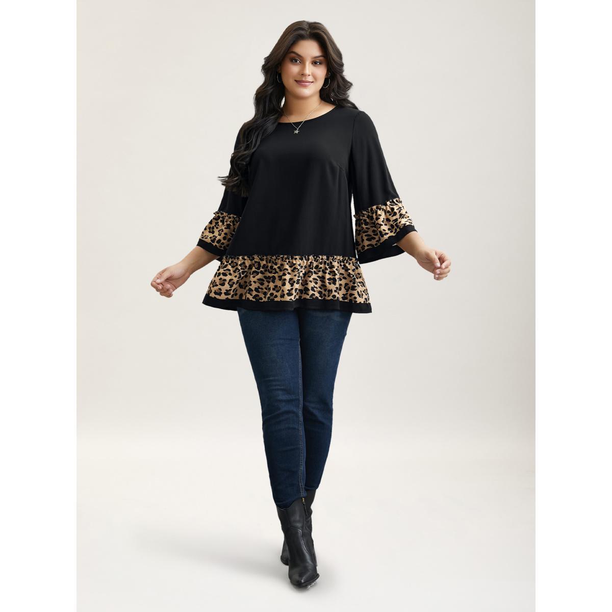 Plus Size Black Leopard Print Patchwork Tiered Blouse Women Casual Elbow-length sleeve Round Neck Everyday Blouses BloomChic 12/L Product Image