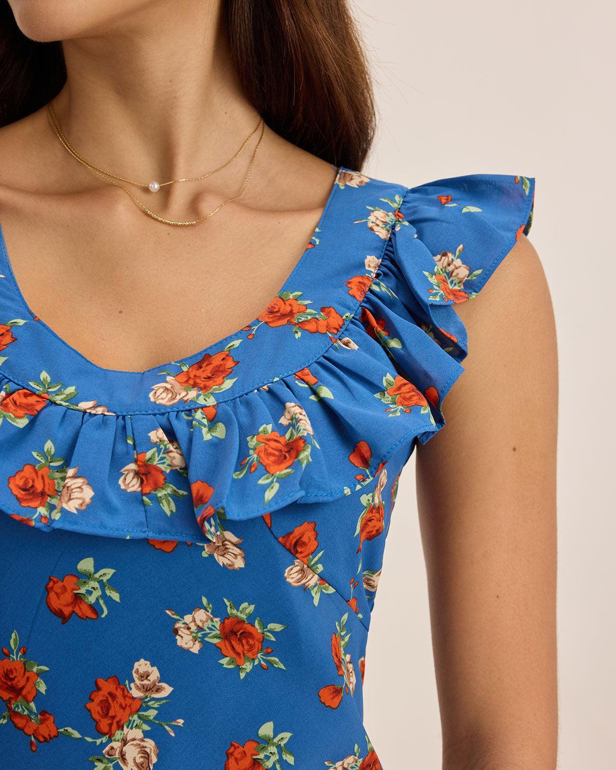 Blue Floral Ruffle Sleeveless Maxi Dress Product Image