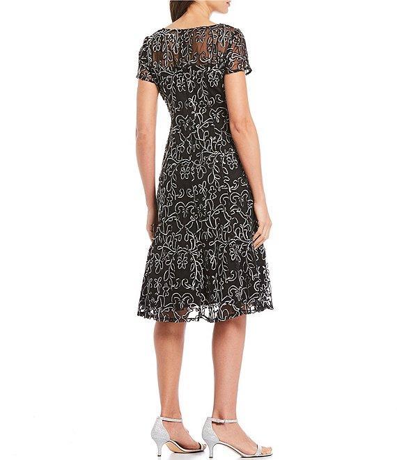 Ignite Evenings Embroidered Soutache Floral Lace Illusion Round Neck Short Sleeve Midi Dress Product Image