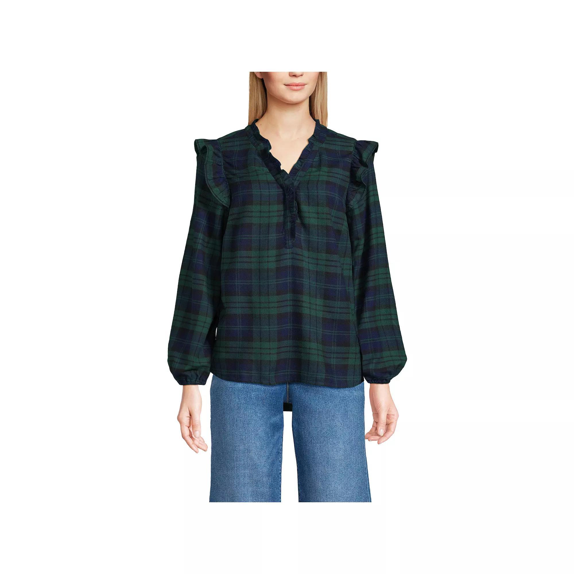 Women's Lands' End Ruffle Front Flannel Popover Blouse, Size: XL, Deep Green Plaid Product Image