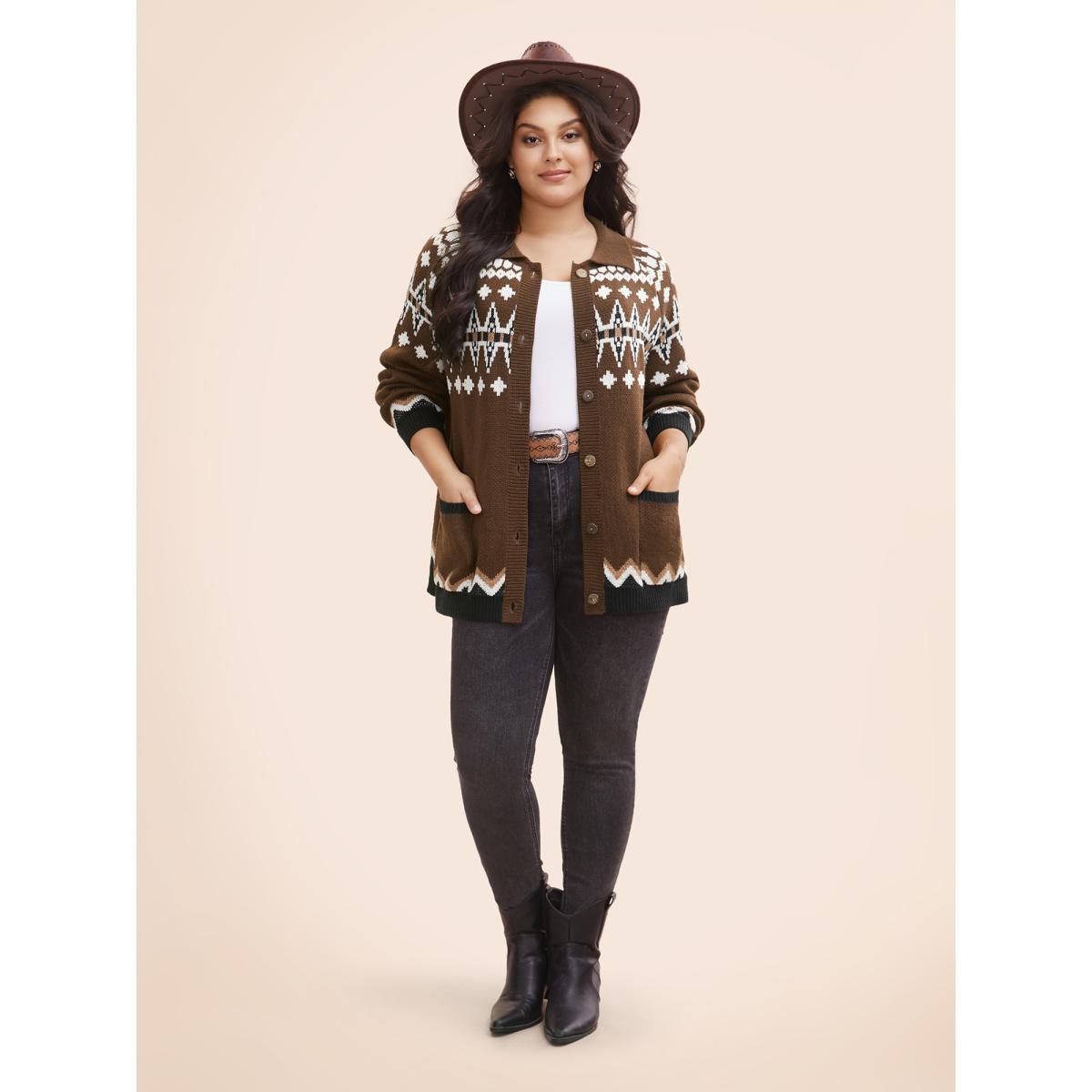 Plus Size Fair Isle Collared Button Down Cardigan DarkBrown Women Casual Loose Long Sleeve Everyday Cardigans BloomChic 28/5X Product Image