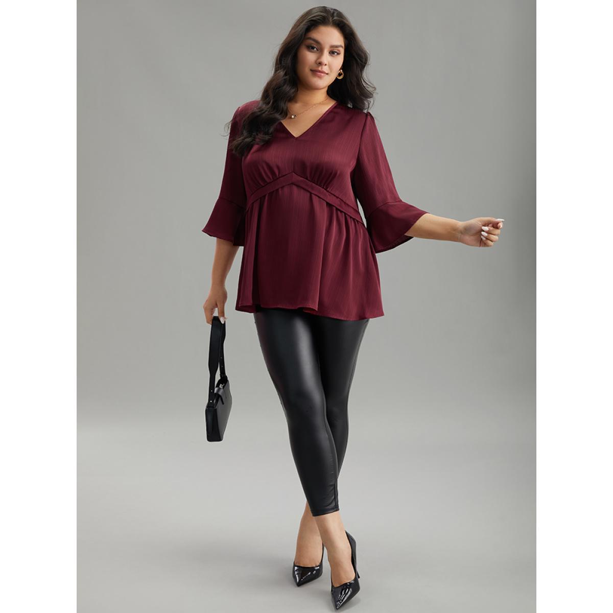 Plus Size Scarlet Anti-Wrinkle V Neck Gathered Ruffle Sleeve Blouse Women Office Elbow-length sleeve V-neck Work Blouses BloomChic 12/L Product Image