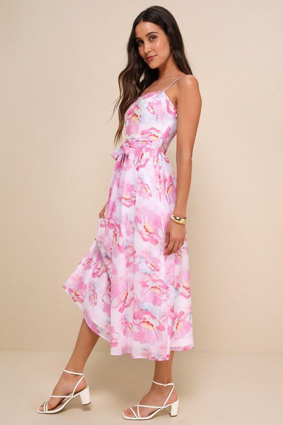 Sweetheart Status Pink Floral Sleeveless A-Line Midi Dress Product Image