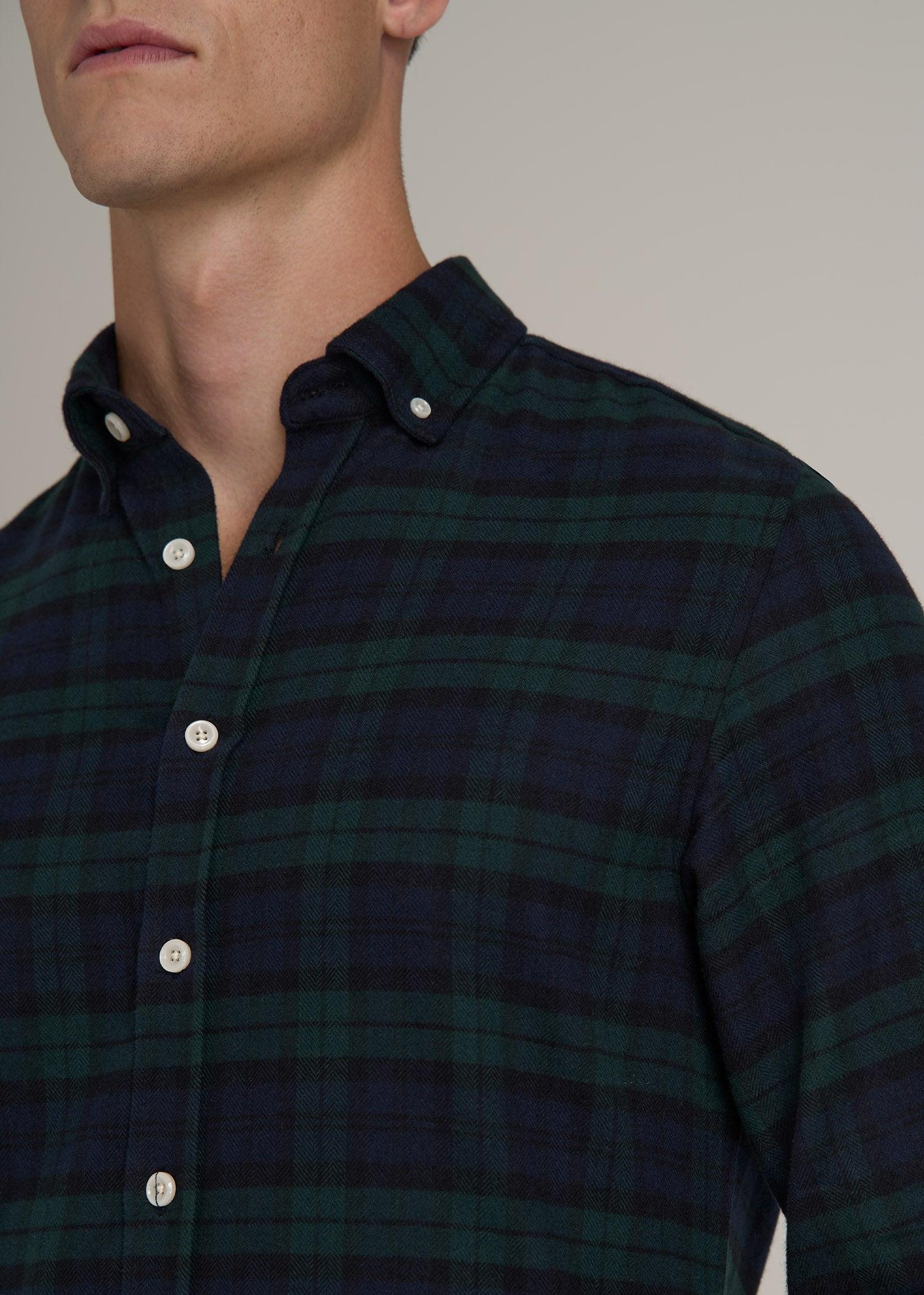 Midweight Brushed Flannel Button Shirt for Tall Men in Blue Herringbone Tartan Product Image