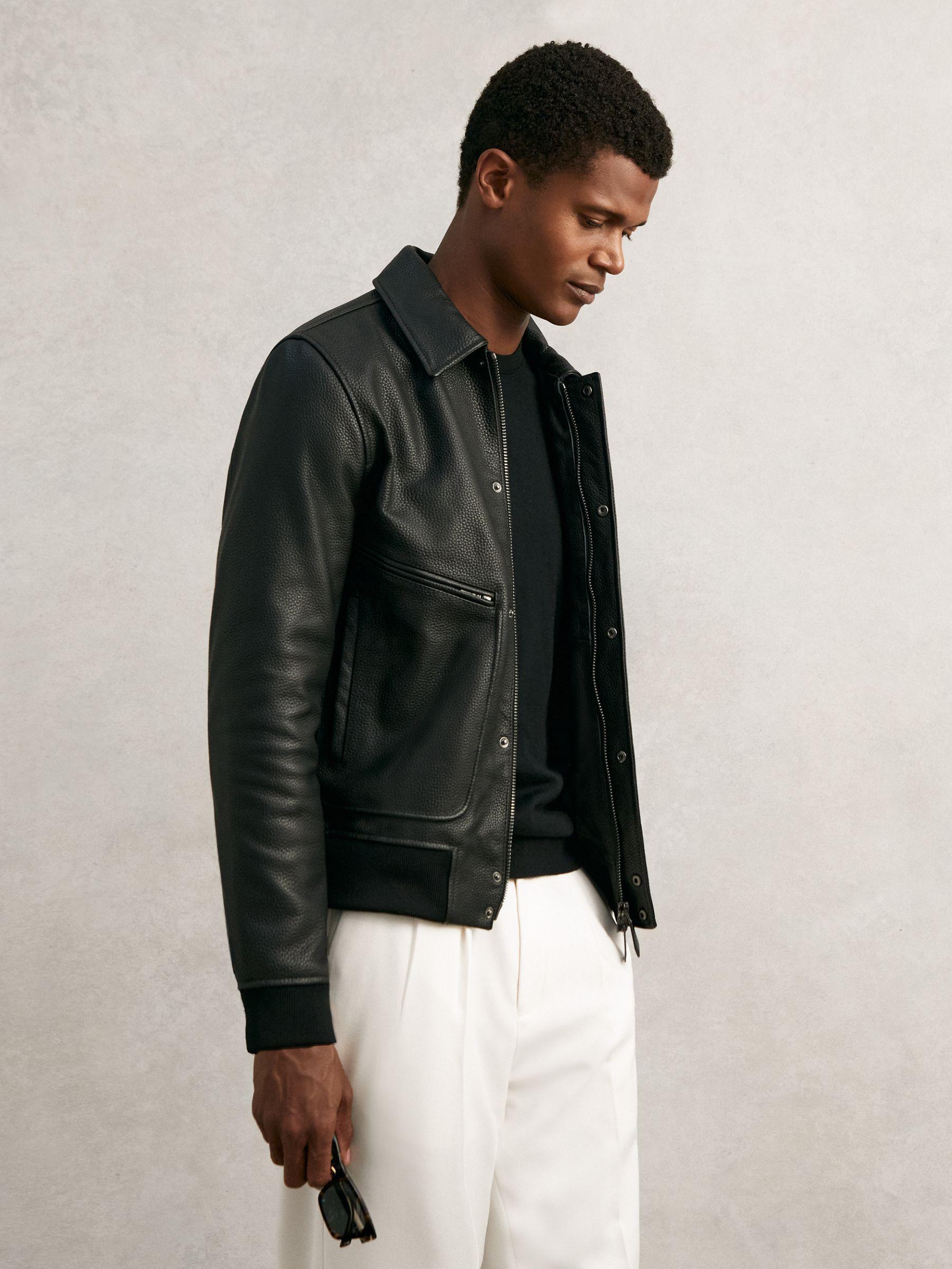 Grained Leather Zip Through Jacket in Black Product Image
