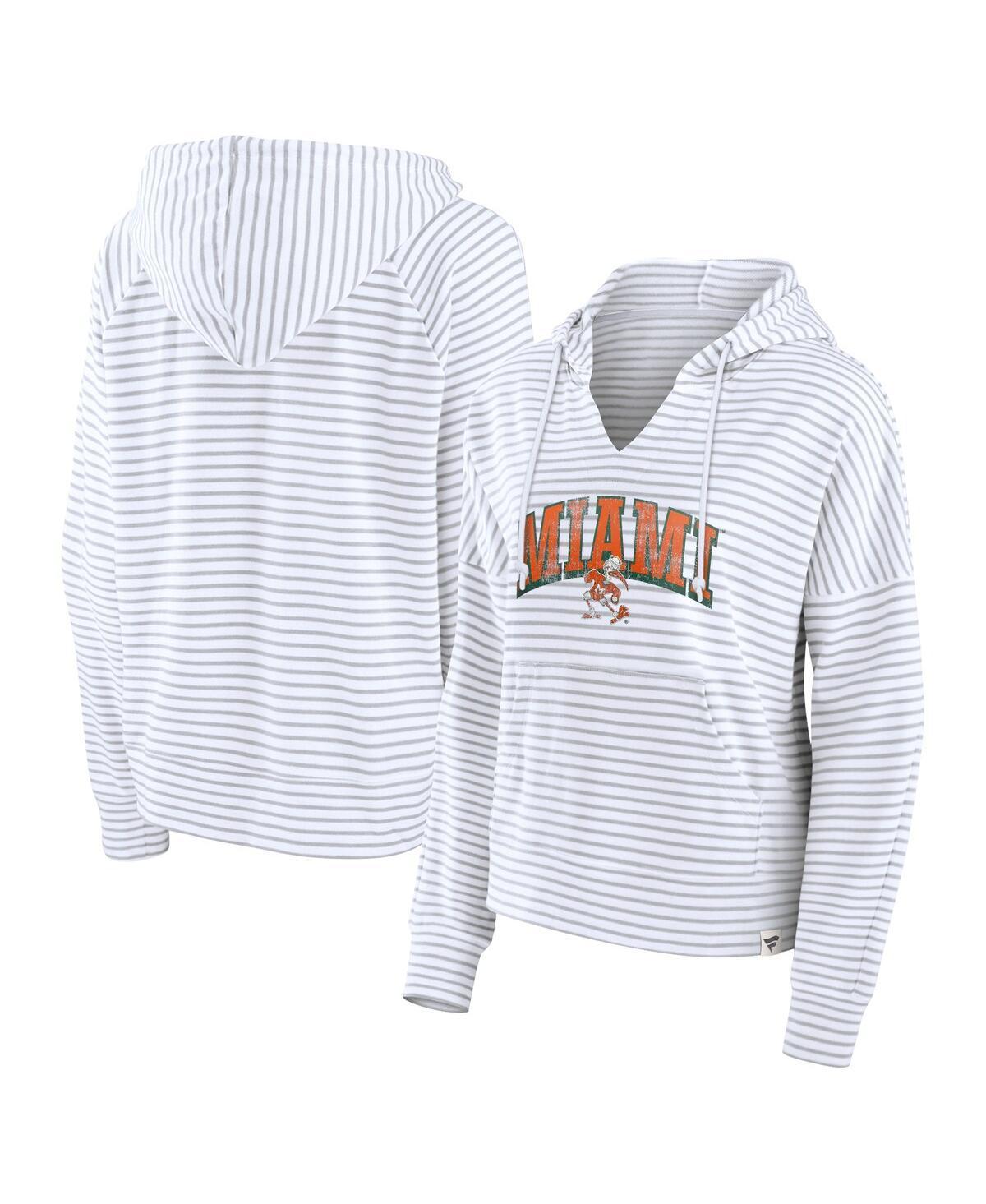 Women's Fanatics White/Gray Miami Hurricanes Arch Logo Striped Notch Neck Pullover Hoodie, Size: 2XL Product Image