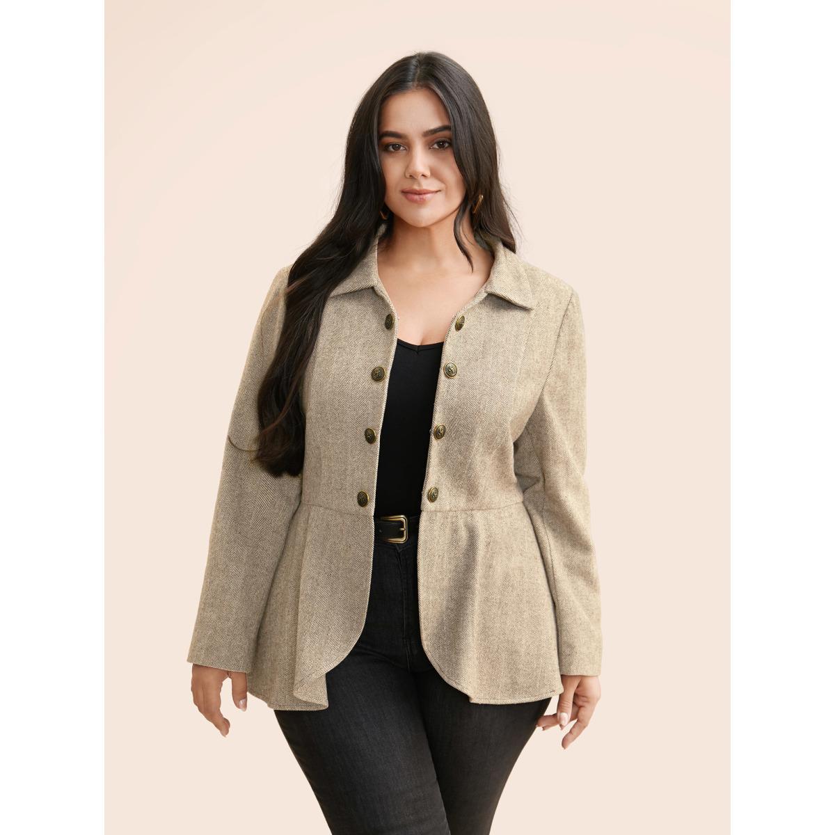 Plus Size Lapel Collar Metal Detail Jacket Women Beige Button Bodycon Everyday Jackets BloomChic 14-16/1X Product Image