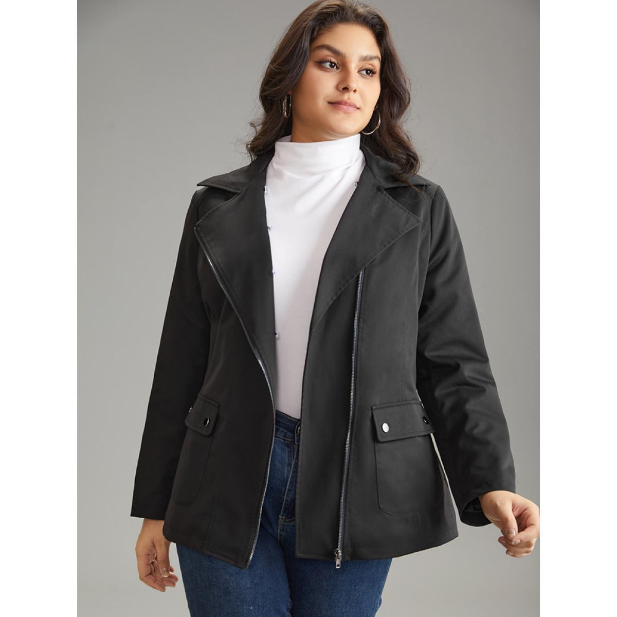 Plus Size Fuzzy Trim Patchwork Zipper Belted Lapel Collar Coat Women Black Casual Lined Ladies Dailywear Winter Coats BloomChic 26/4X Product Image