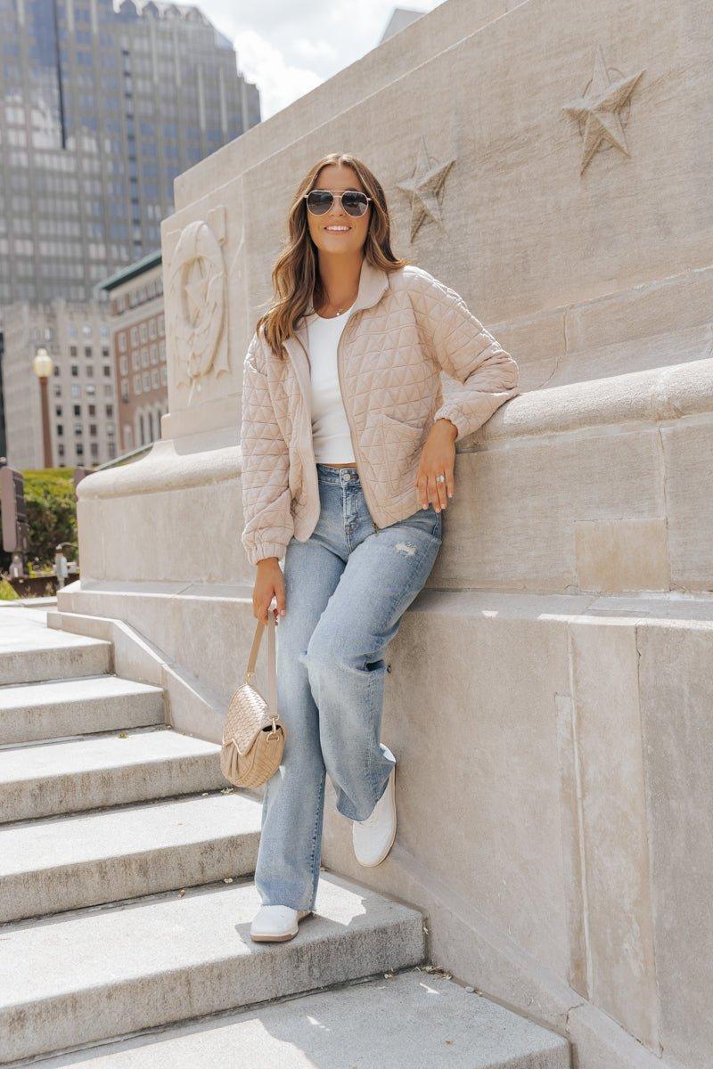 Taupe Quilted Bomber Jacket - FINAL SALE Product Image