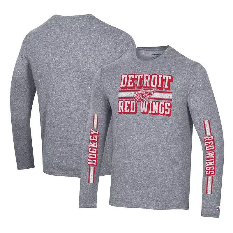 Men's Champion Heather Gray Detroit Red Wings Tri-Blend Dual-Stripe Long Sleeve T-Shirt, Size: XL, Grey Product Image