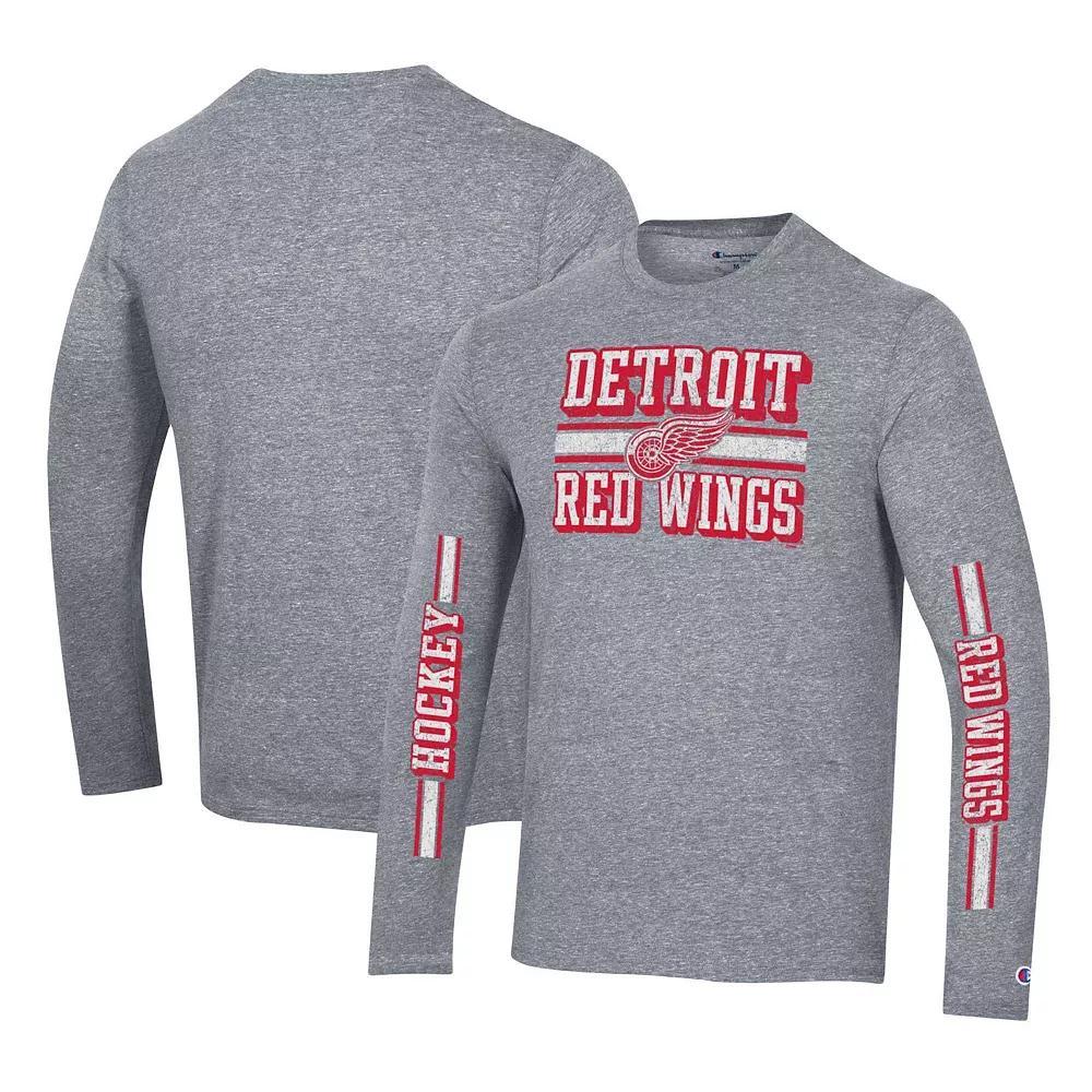 Men's Champion Heather Gray Detroit Red Wings Tri-Blend Dual-Stripe Long Sleeve T-Shirt, Size: XL, Grey Product Image