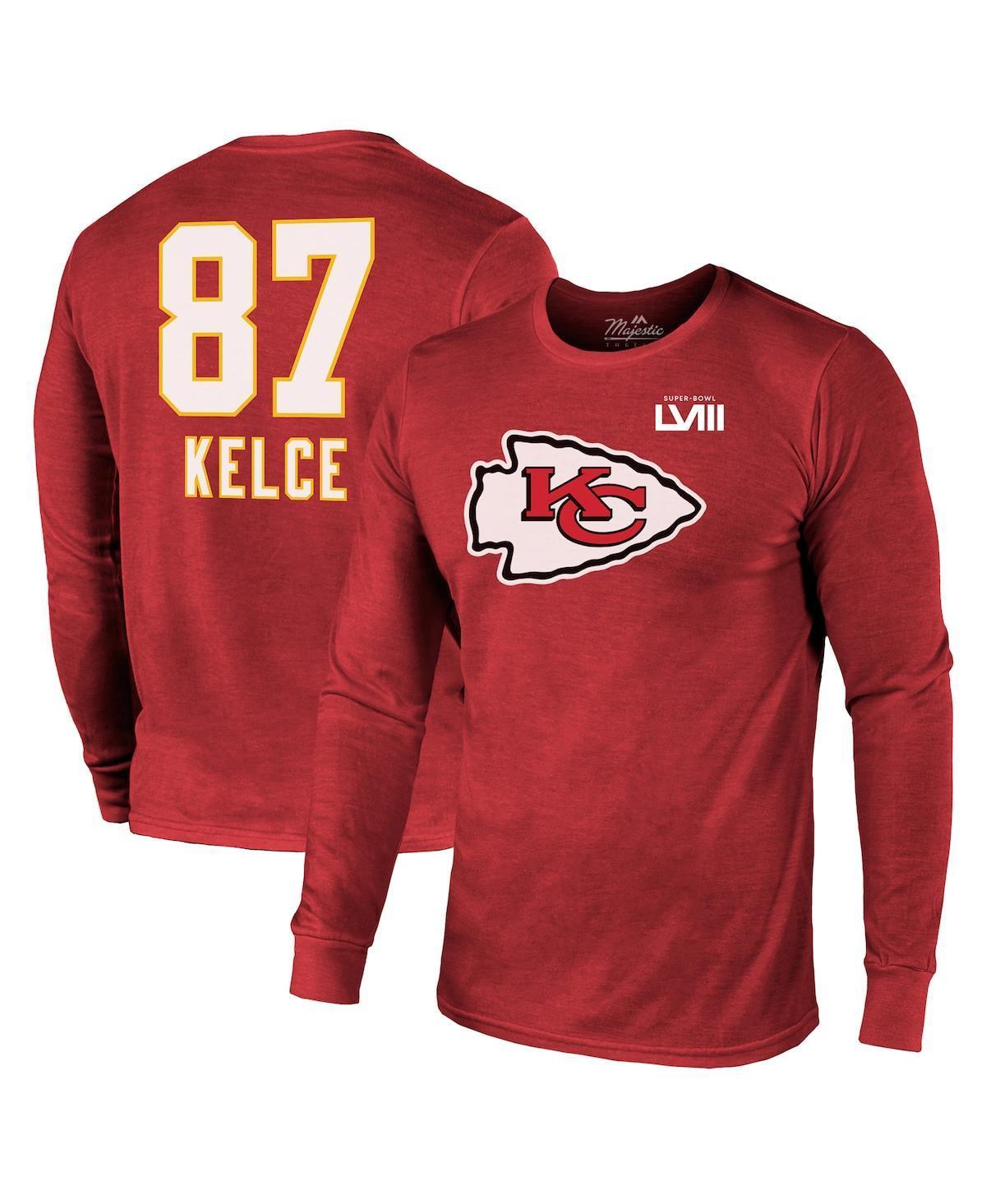 Men's Majestic Threads Travis Kelce Red Kansas City Chiefs Super Bowl LVIII Name & Number Tri-Blend Long Sleeve T-Shirt, Size: XL Product Image