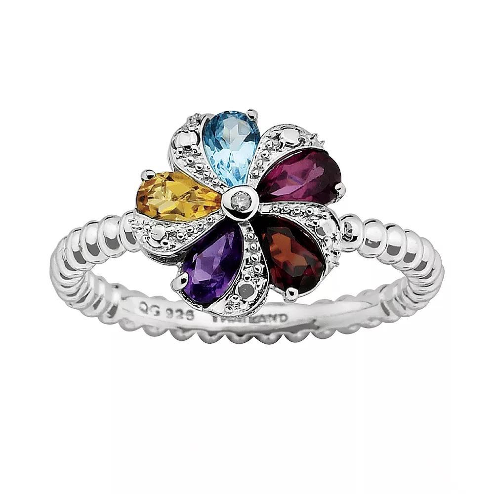 Stacks & Stones Sterling Silver Gemstone & Diamond Accent Beaded Flower Stack Ring, Women's, Size: 10, Multicolor Product Image