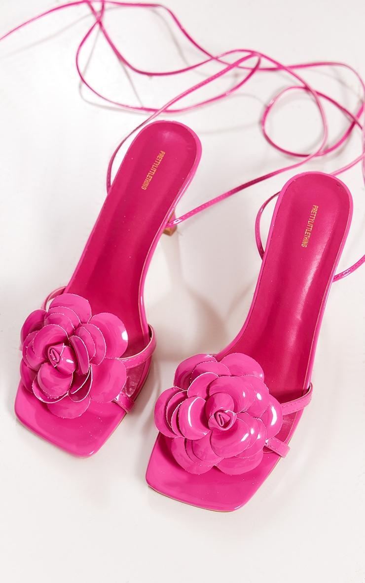 Pink Patent Pu Square Toe Flower Lace Up Heels Product Image