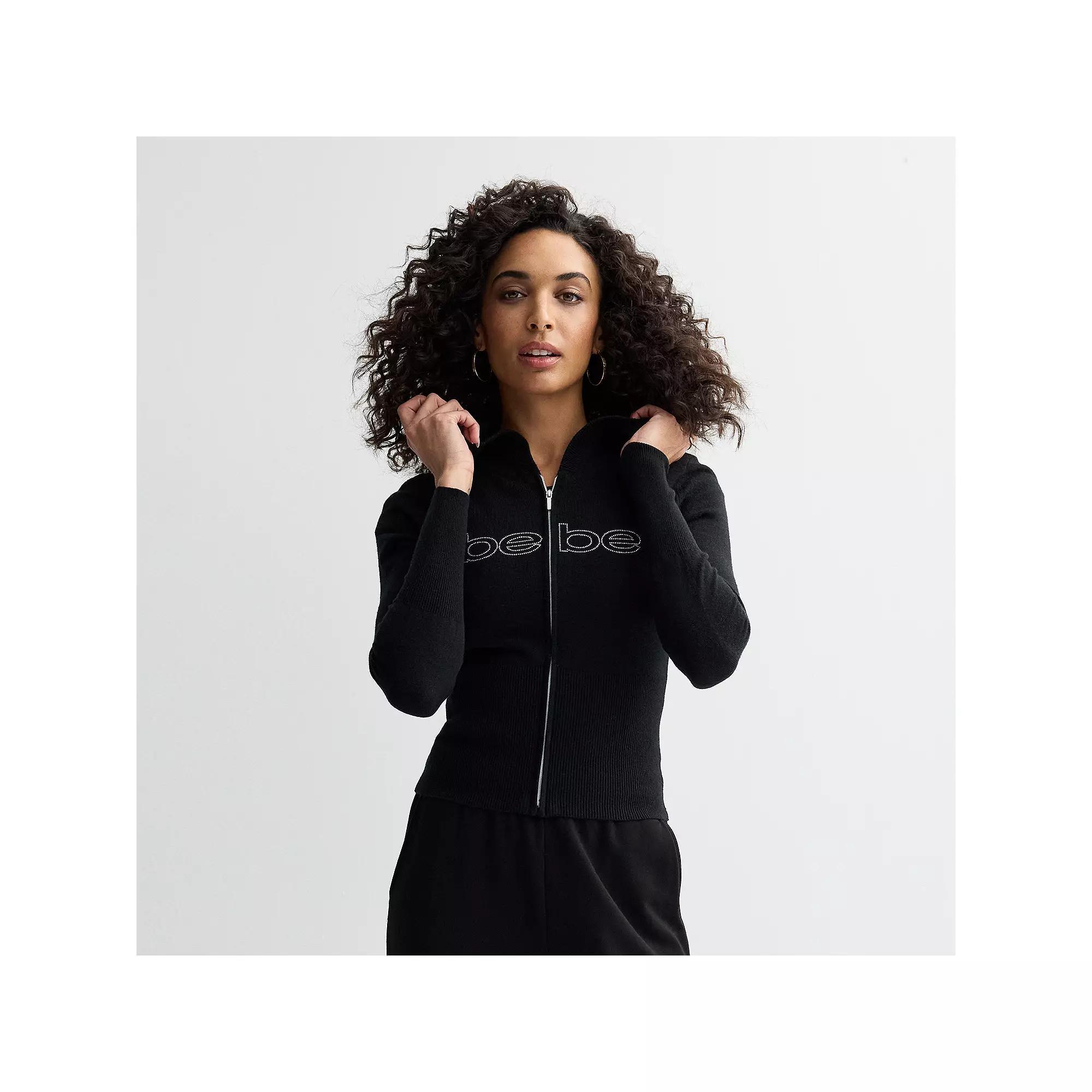 Women's bebe Embellished Full-Zip Hooded Sweater, Size: Small, Black Product Image
