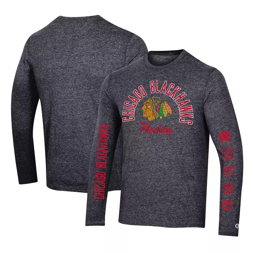 Men's Champion Heather Black Carolina Hurricanes Multi-Logo Tri-Blend Long Sleeve T-Shirt, Size: Small, Charco Product Image