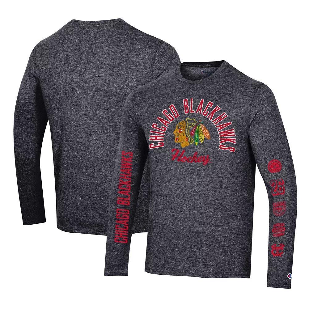 Men's Champion Heather Black Carolina Hurricanes Multi-Logo Tri-Blend Long Sleeve T-Shirt, Size: Small, Charco Product Image