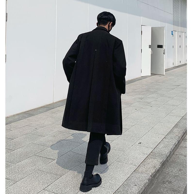 Lapel Collar Plain Single-Breasted Long Coat Product Image
