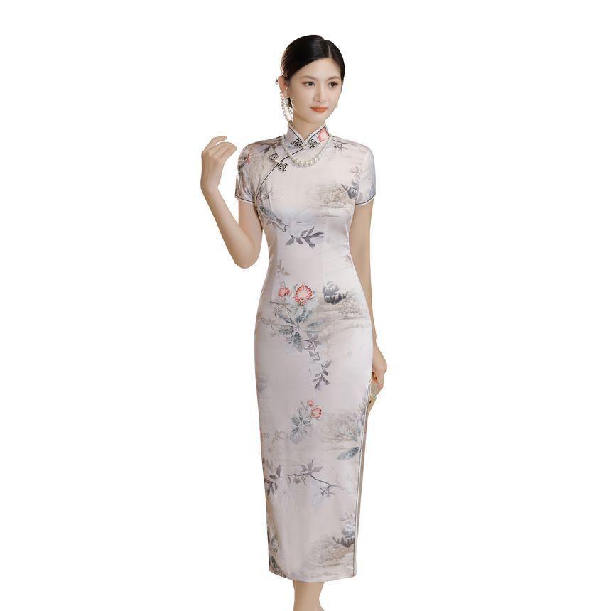 Short-Sleeve Floral Print  Midi Sheath Qipao Product Image