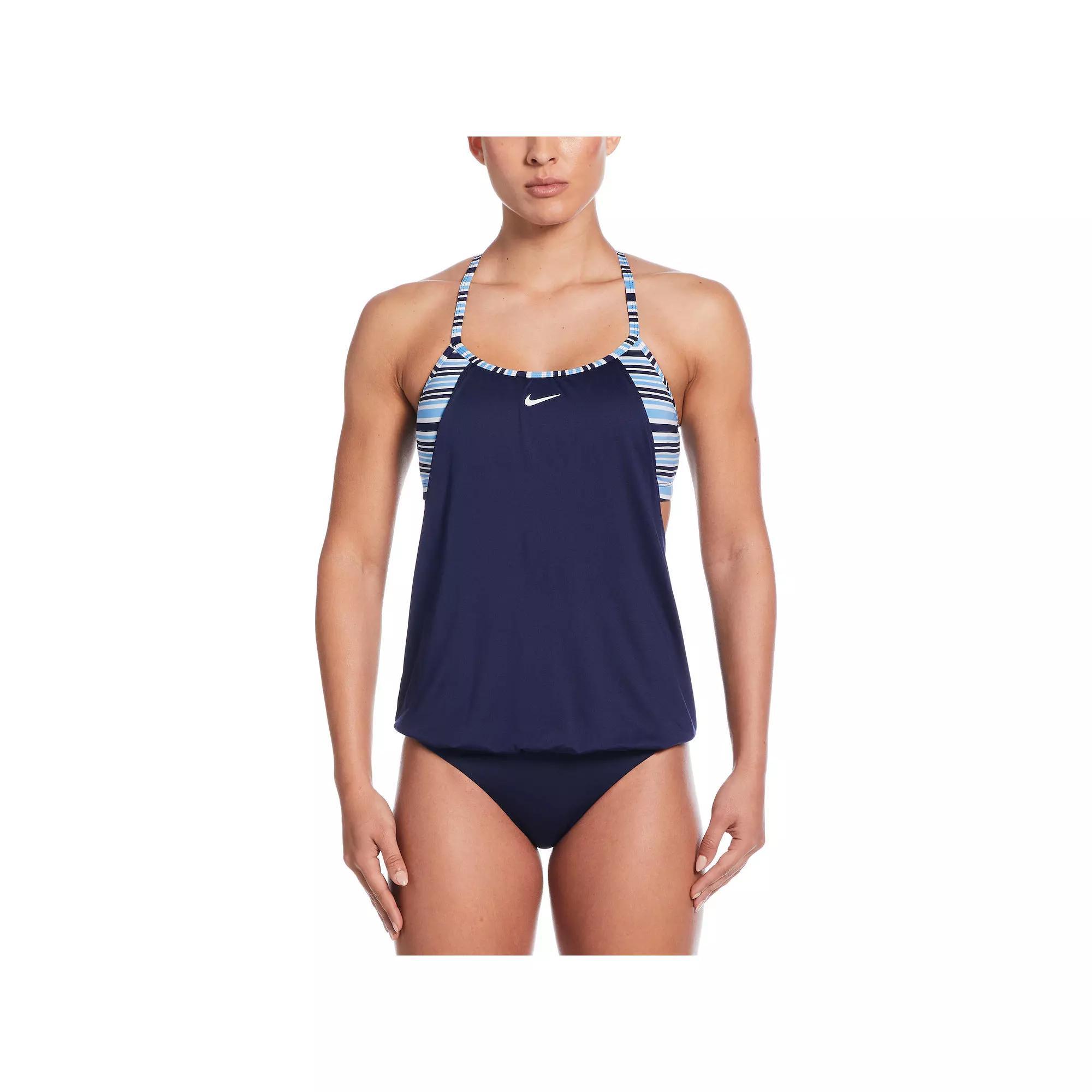 Women's Nike Off Stripe Layered Tankini Swim Top, Size: Small, Black Navy Product Image