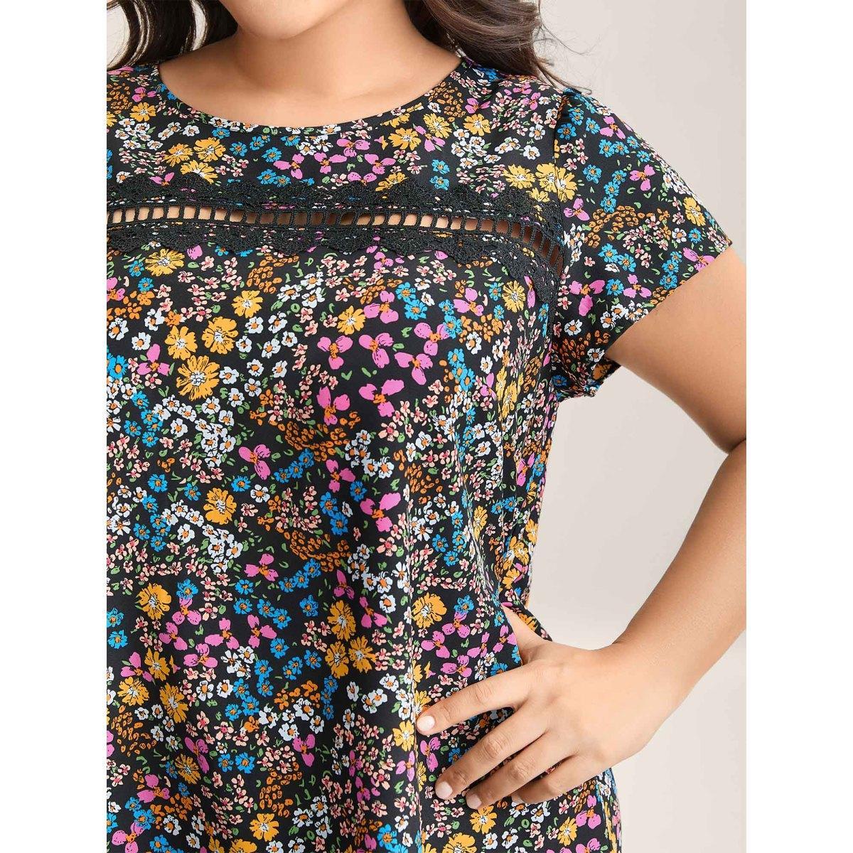 Plus Size Black Multi-Color Floral Print Lace Spliced Blouse Women Elegant Cap Sleeve Round Neck Everyday Blouses BloomChic 12/L Product Image