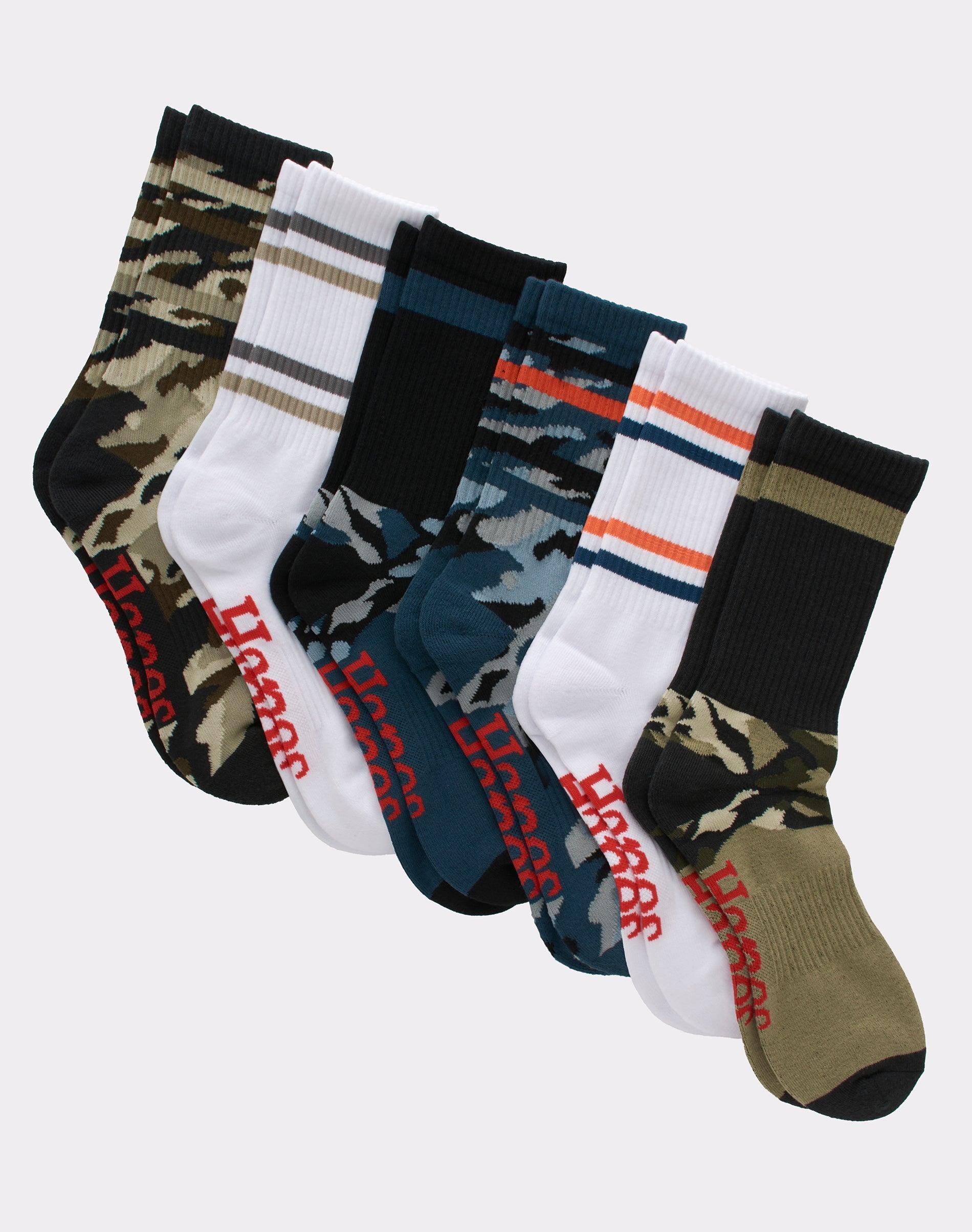 Hanes Originals Mens Crew Socks, Moisture Wicking, 6-Pairs Blue Assorted/Abstract Stripe 6-12 Product Image