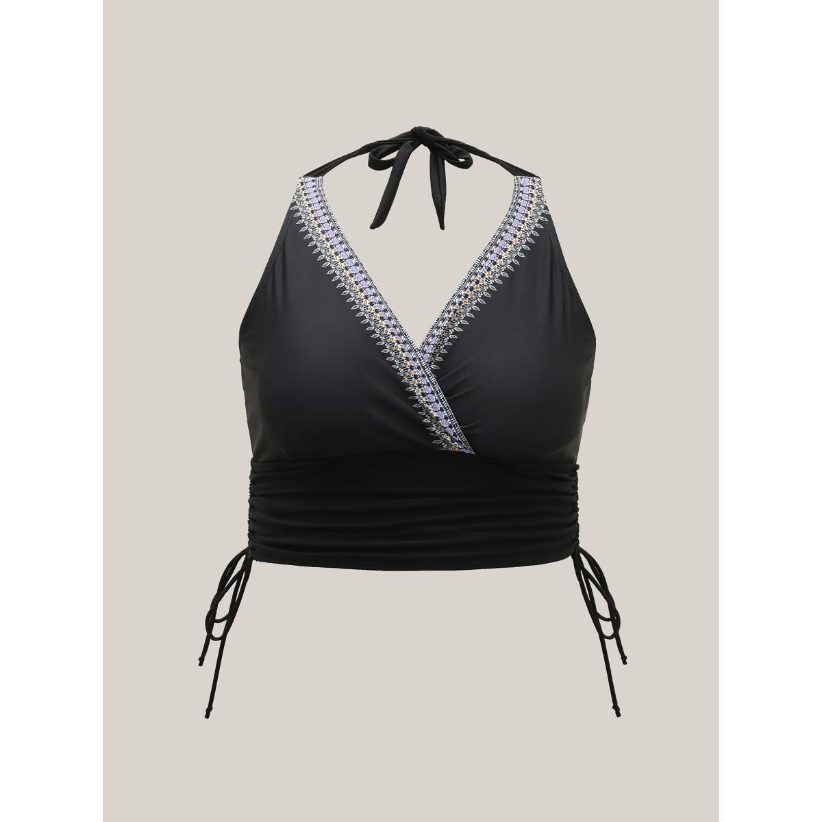Plus Size Boho Print Adjustable Drawstrings Swim Tankini Women's Swimwear Black Beach Tie knot High stretch Skinny Overlap Collar Curve Swim Tops BloomChic 26/4X Product Image