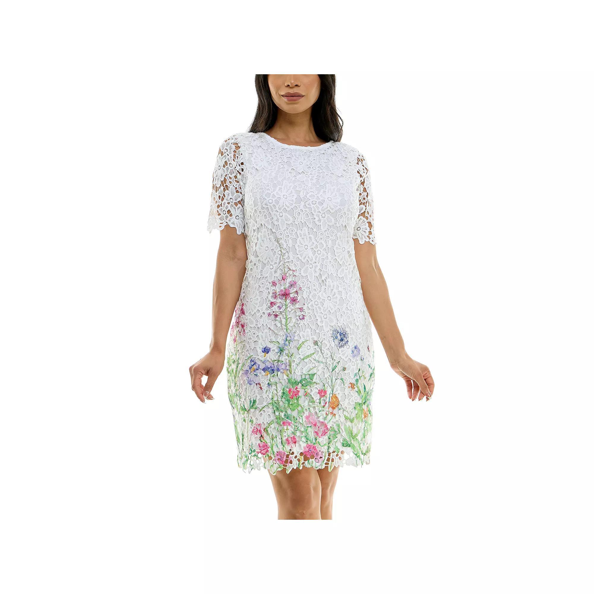 Women's Nina Leonard Floral Print Lace Trimmed Short Sleeve Mini Dress, Size: Small, White Team Product Image