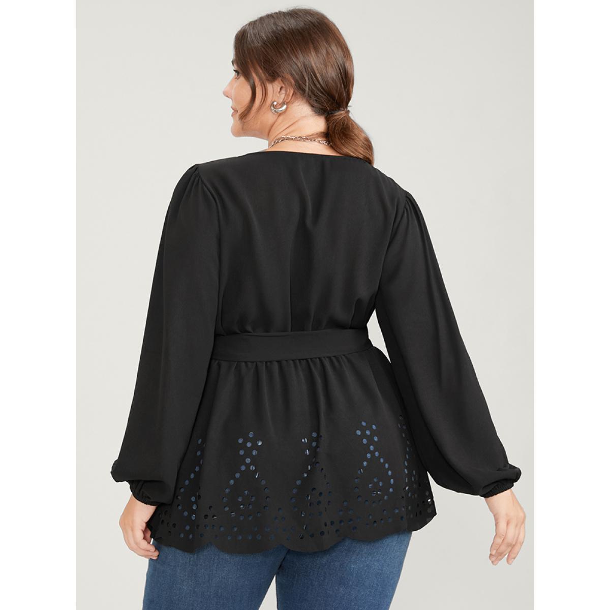 Plus Size Black Solid Wrap Lantern Sleeve Laser Cut Belted Blouse Women Office Long Sleeve V-neck Work Blouses BloomChic 26/4X Product Image