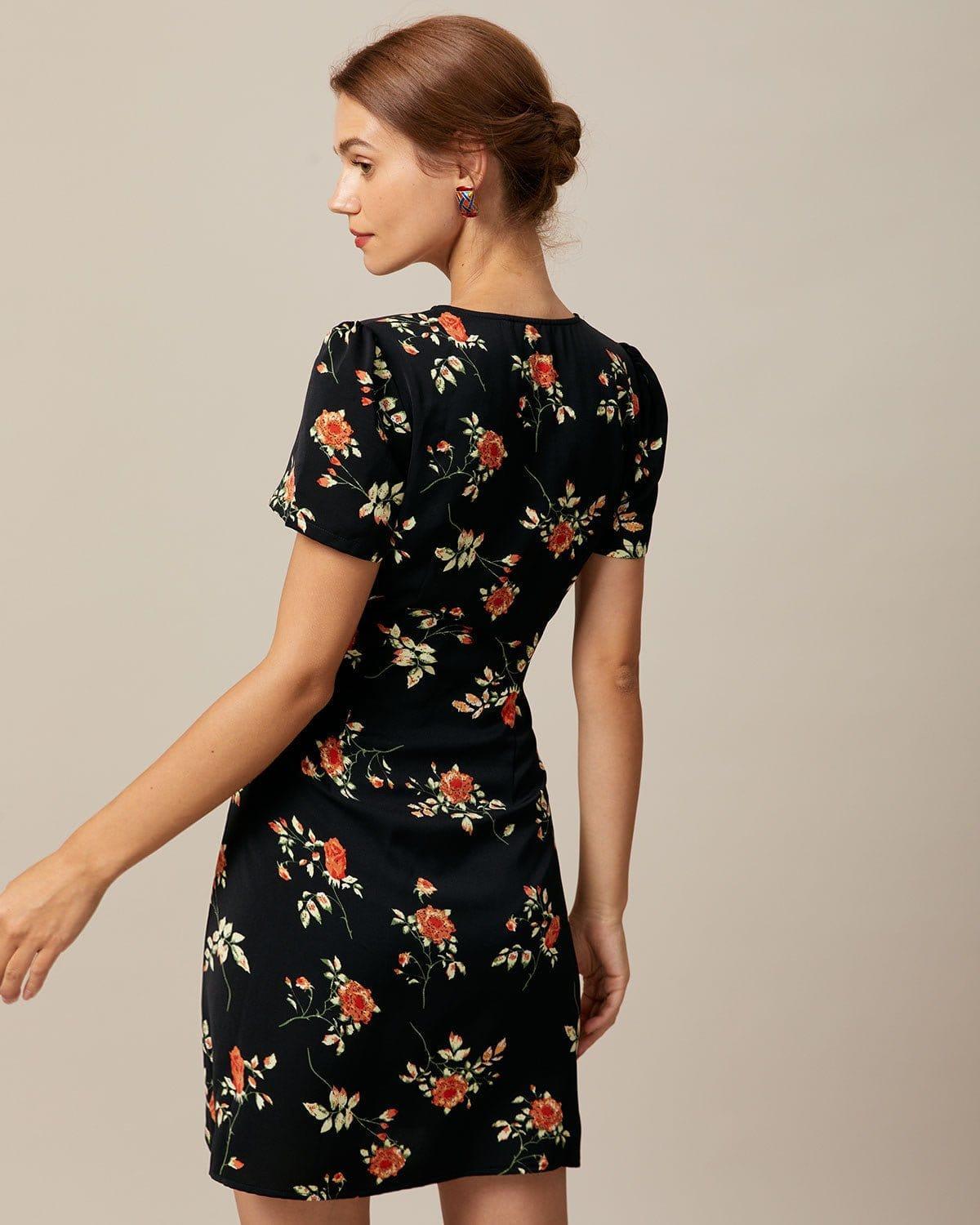 The Black V Neck Floral Button Up Mini Dress Product Image