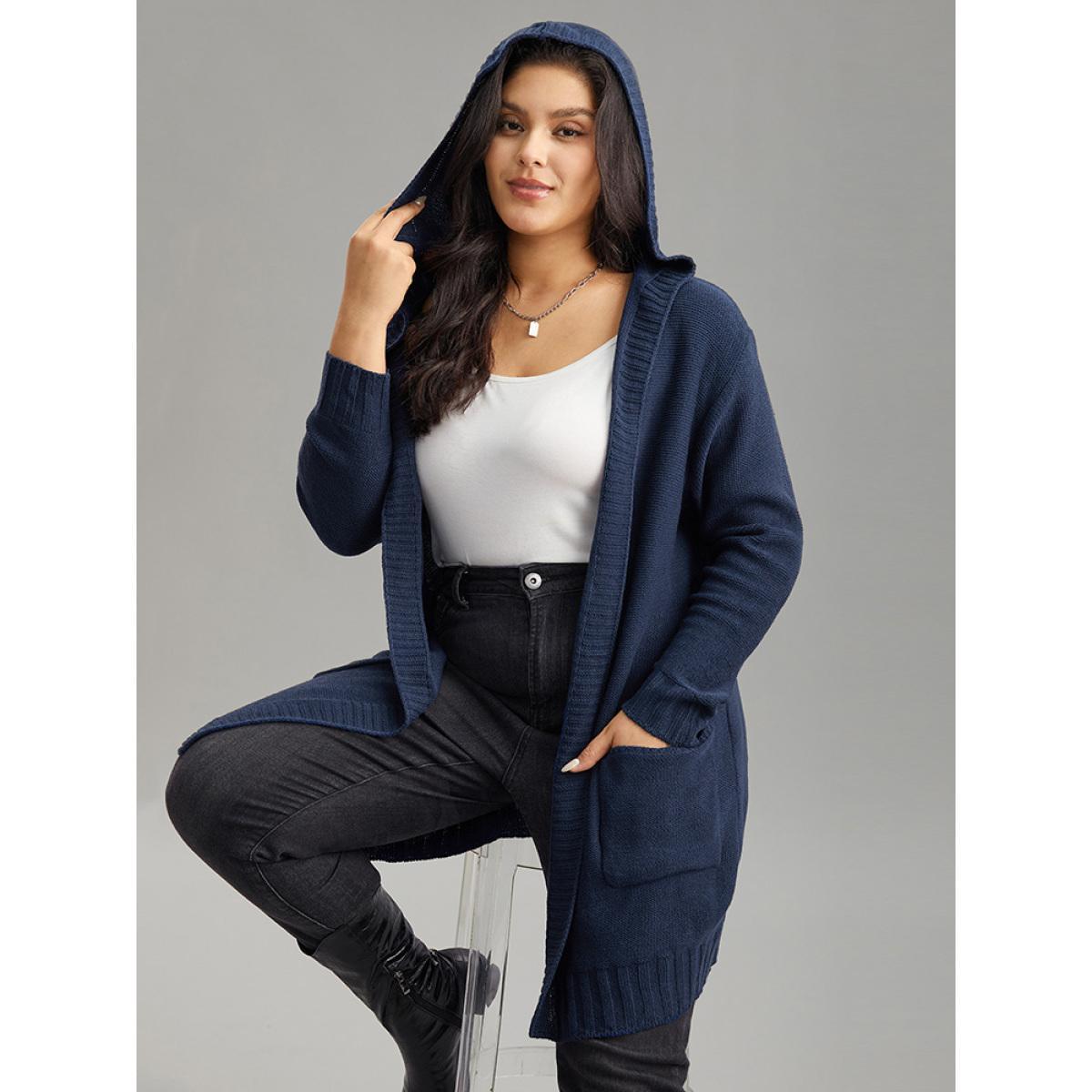 Plus Size Plain Texture Pocket Hooded Cardigan Aegean Women Casual Loose Long Sleeve Dailywear Cardigans BloomChic 12/L Product Image