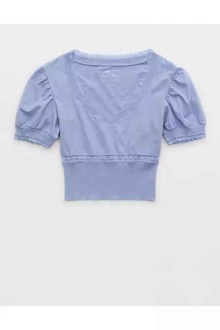 Aerie Cropped Lace Trim V-Neck T-Shirt Women's Product Image