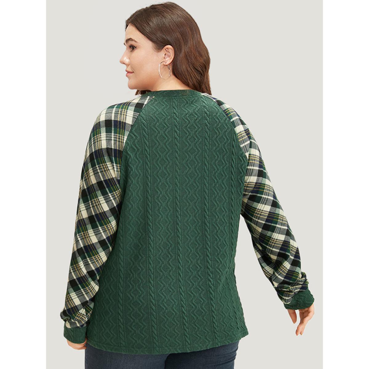 Plus Size Plaid Raglan Sleeve Patchwork Texture Sweatshirt Women DarkGreen Casual Elastic cuffs V-neck Dailywear Sweatshirts BloomChic 30/6X Product Image