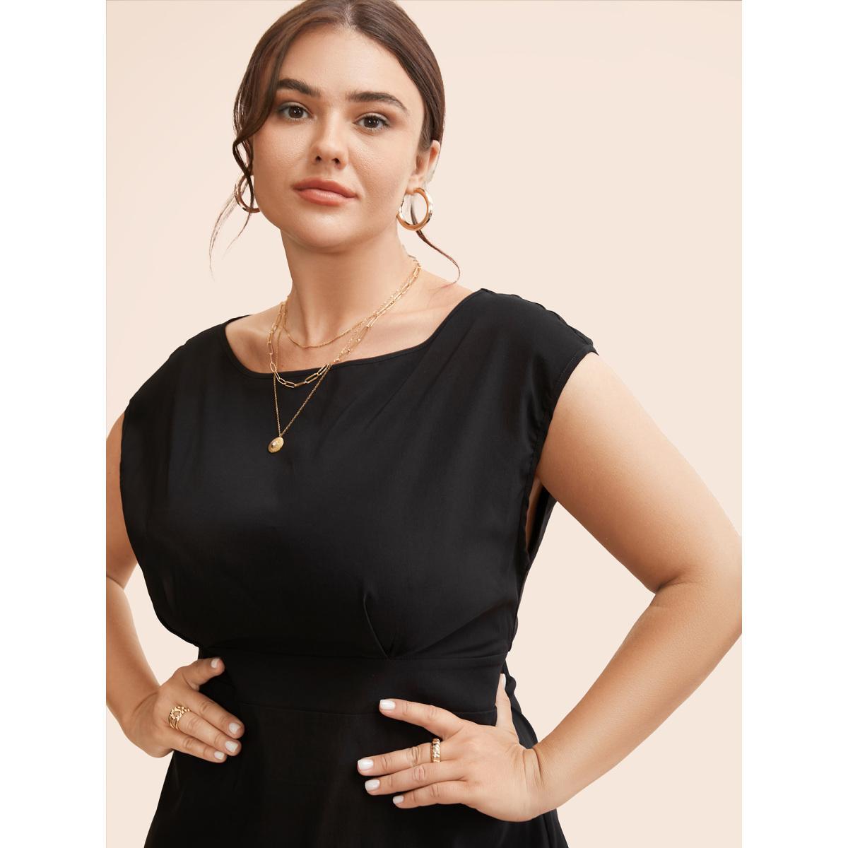Plus Size Stretch Woven Cowl Neckline Midi Dress ArmyGreen Women Workwear Essentials Pleated Boat Neck Cap Sleeve Curvy BloomChic 22-24/3X Product Image