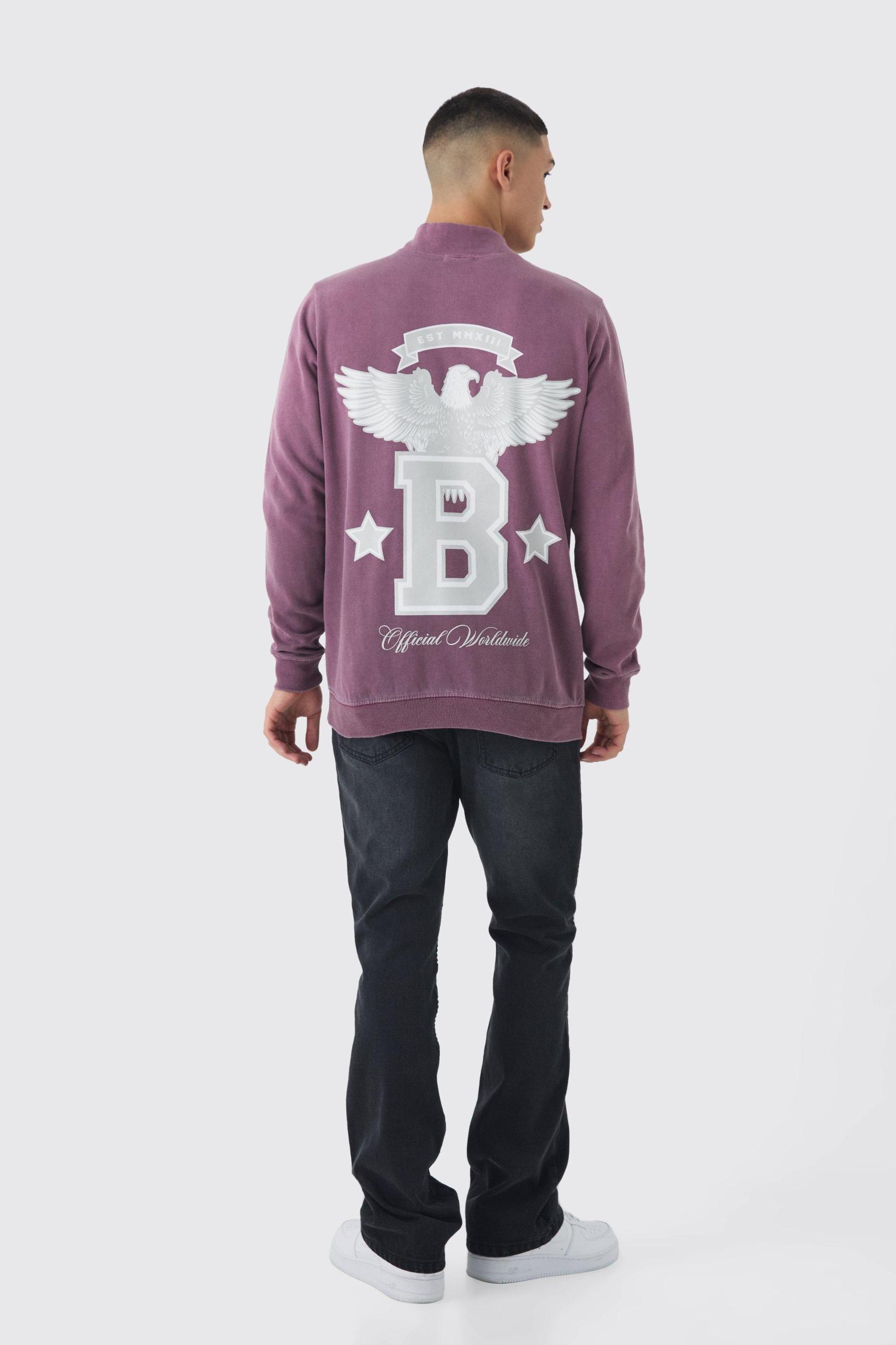 Regular Fit B Eagle MMXIII Varsity Graphic Quarter Zip Washed Sweatshirt | boohooMAN USA Product Image