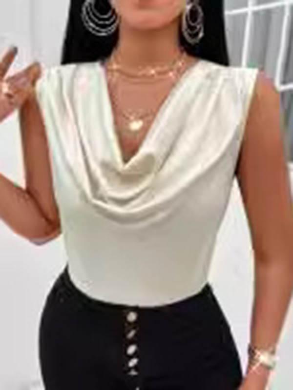Loose Sleeveless Pleated Solid Color V-Neck Vest Top Product Image