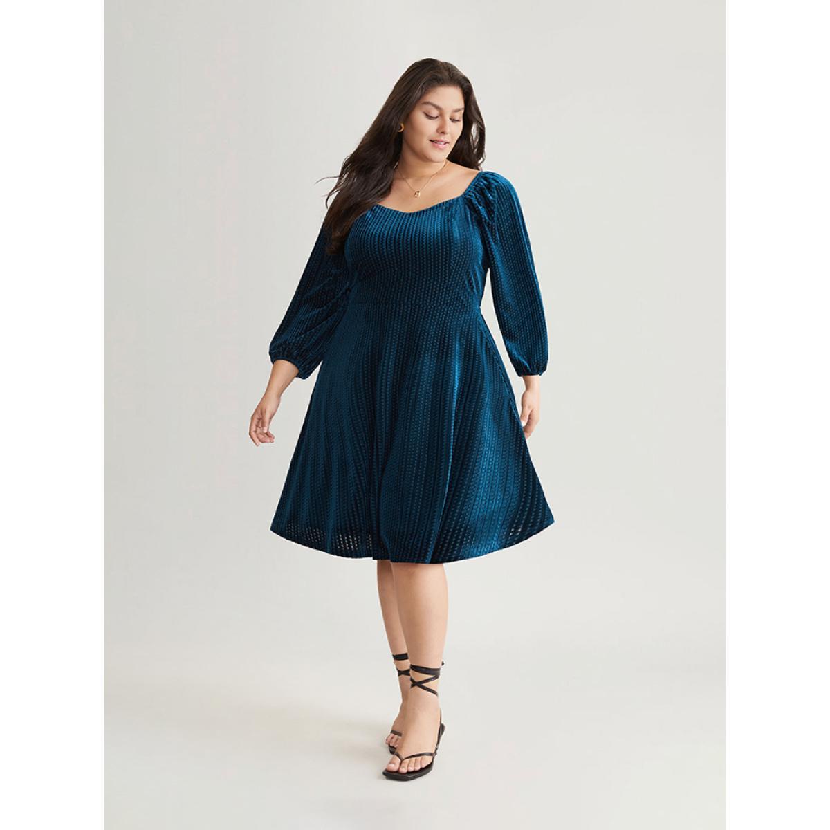 Plus Size Velvet Plisse Pocket Square Neck Dress Indigo Women Elegant Velvet Square Neck Long Sleeve Curvy Midi Dress BloomChic 10/M Product Image