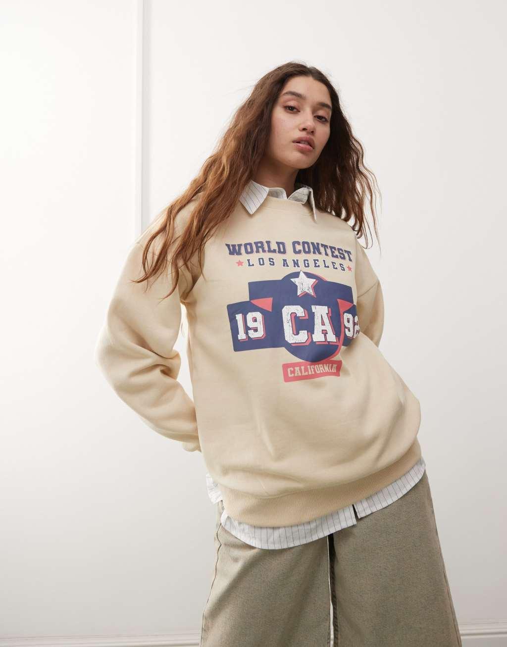 Daisy Street oversized natural sweatshirt with 1992 graphic Product Image