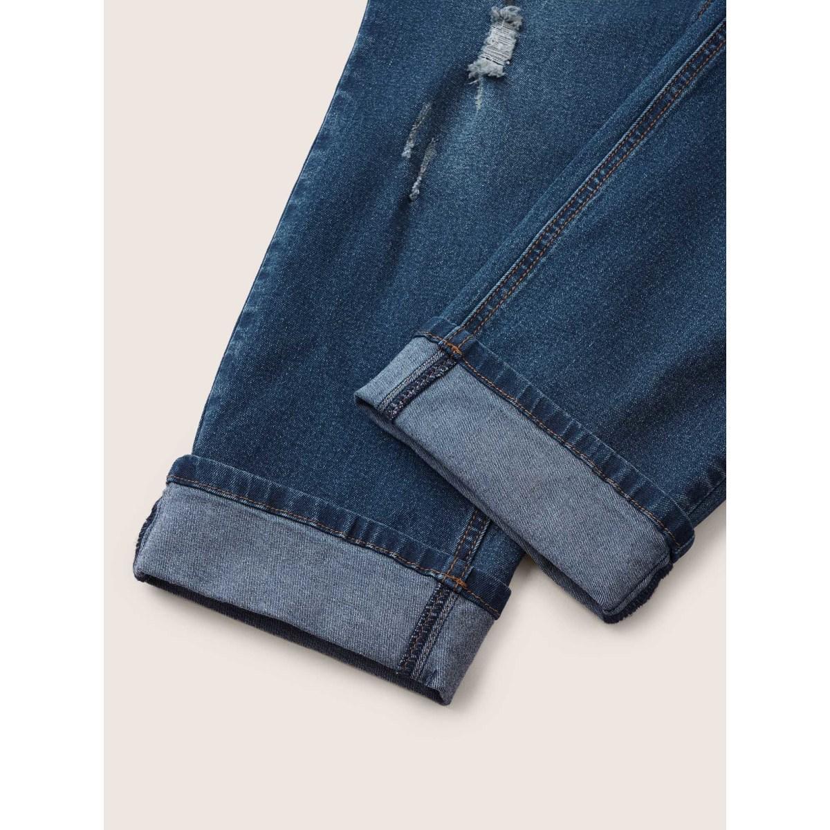 Plus Size Roll Hem Ripped Pocket Straight Leg Cropped Jeans Women Aegean Casual Plain Non High stretch Slanted pocket Jeans BloomChic 16/1X Product Image