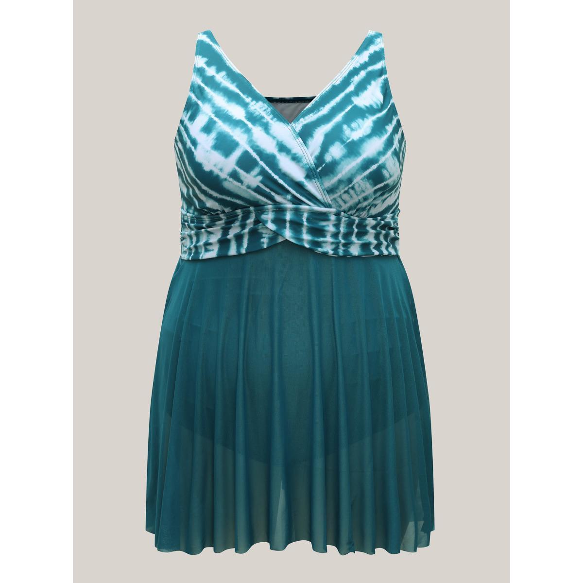 Plus Size Tie-Dye Mesh Overlap Swim Dress Women's Swimwear Teal Beach Bodycon Overlap Collar High stretch Curve Swim Dresses BloomChic 28/5X Product Image