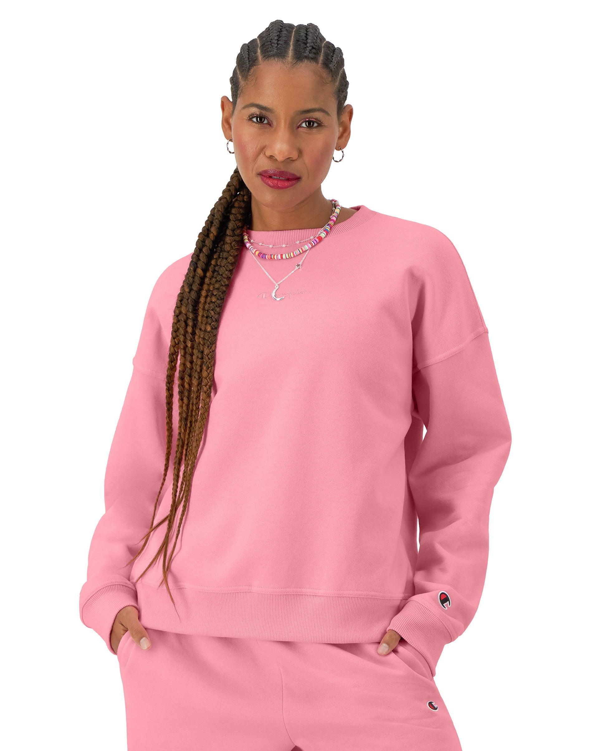 Womens Champion Powerblend Crewneck Sweatshirt, Embroidered Script Logo Oxford Grey XS Product Image