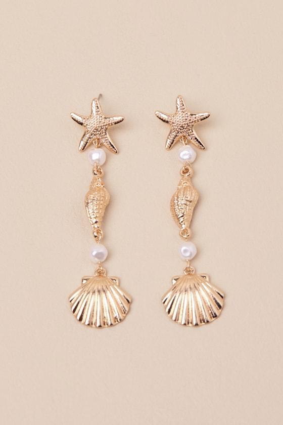 Gisela Gold Pearl Seashell Drop Earrings Product Image